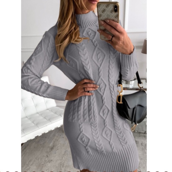 Dresses & Skirts - Gray High Neck Textured Bodycon Sweater Dress